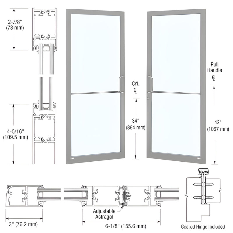 Technical diagram showing a pair of narrow stile thermal entrance doors with geared hinges and clear anodized aluminum framing.