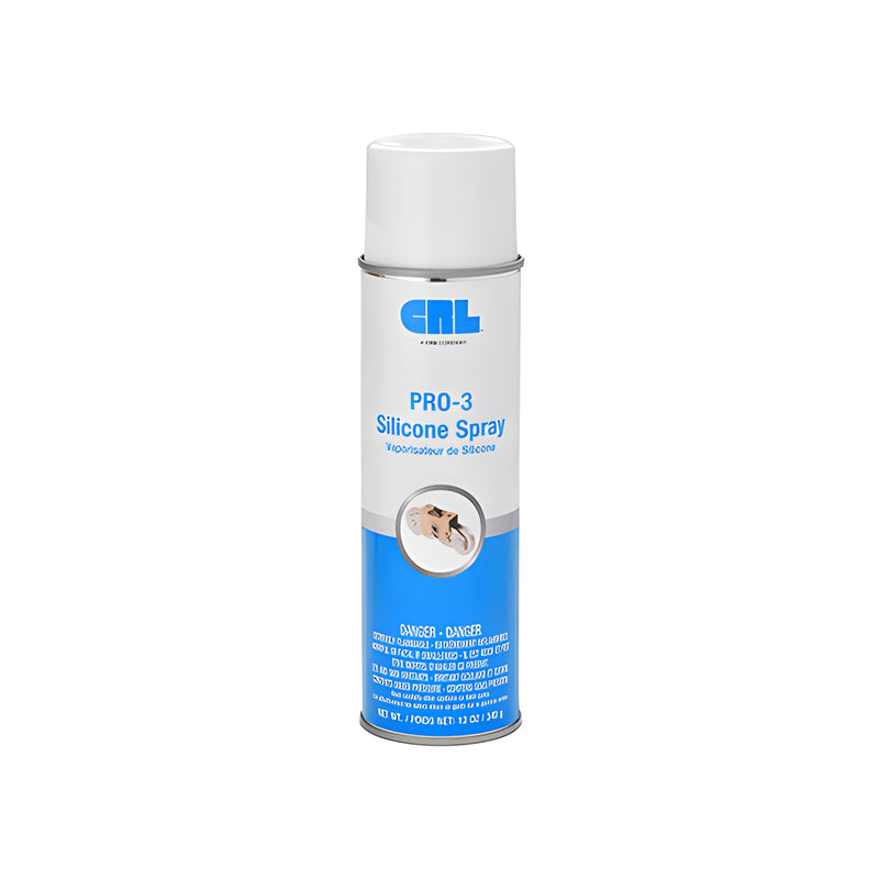 A 12-ounce aerosol can of CRL PR03 Silicone Spray with a white cap and blue and white label.