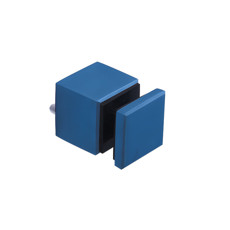 A blue powder-coated square glass railing standoff base and cap assembly.