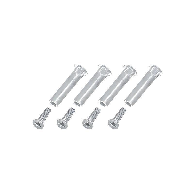 A set of four aluminum sex bolts and matching screws used for surface door closer installation.