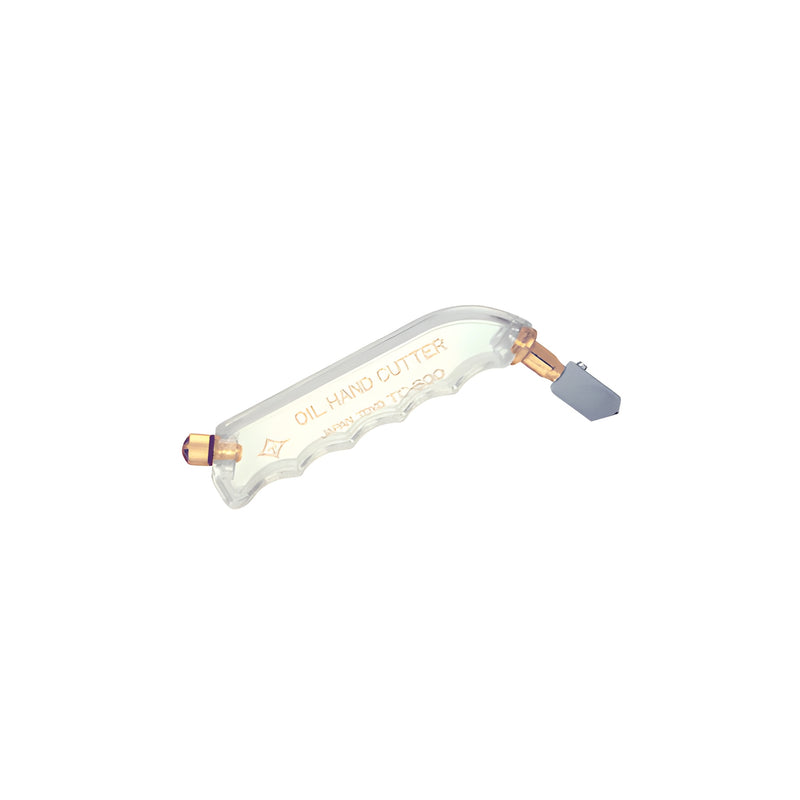 A clear plastic pistol-grip handle with a straight metal cutting head for glass applications.