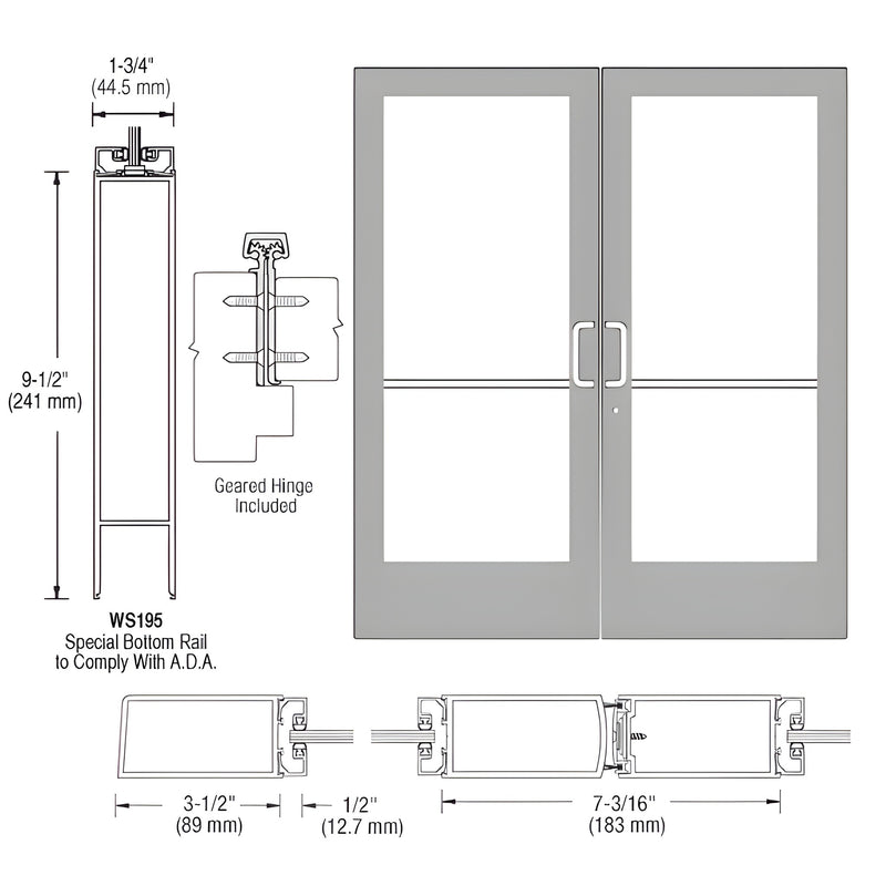 Technical diagram showing a pair of medium stile entrance doors with geared hinges and A.D.A. compliant bottom rails.