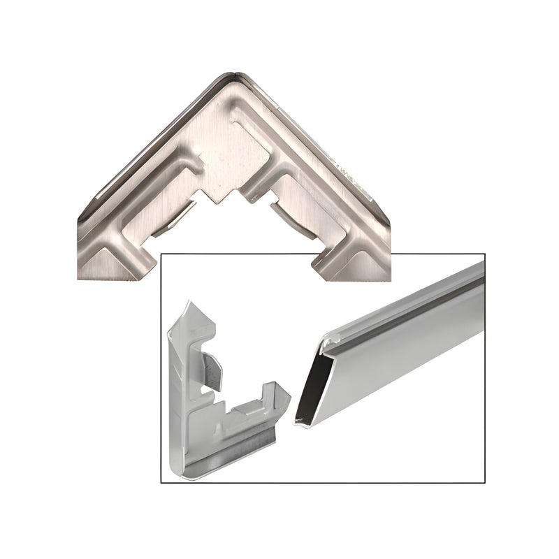 A mill finish aluminum corner piece for a 7/16 inch screen frame shown alongside a section of mitered screen frame material.