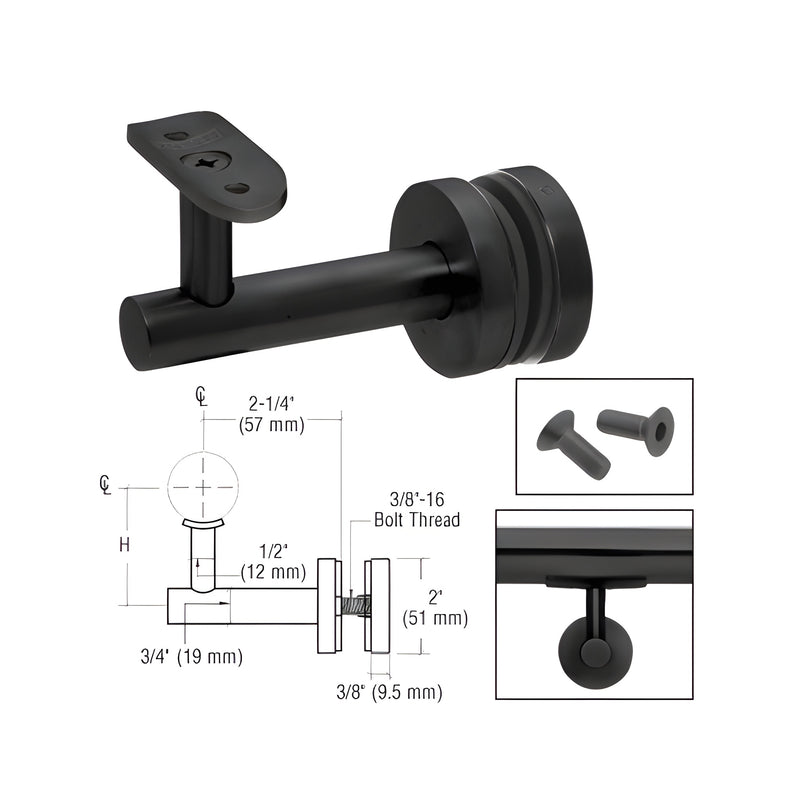 A matte black aluminum hand rail bracket for glass mounting shown with technical diagrams and mounting hardware.