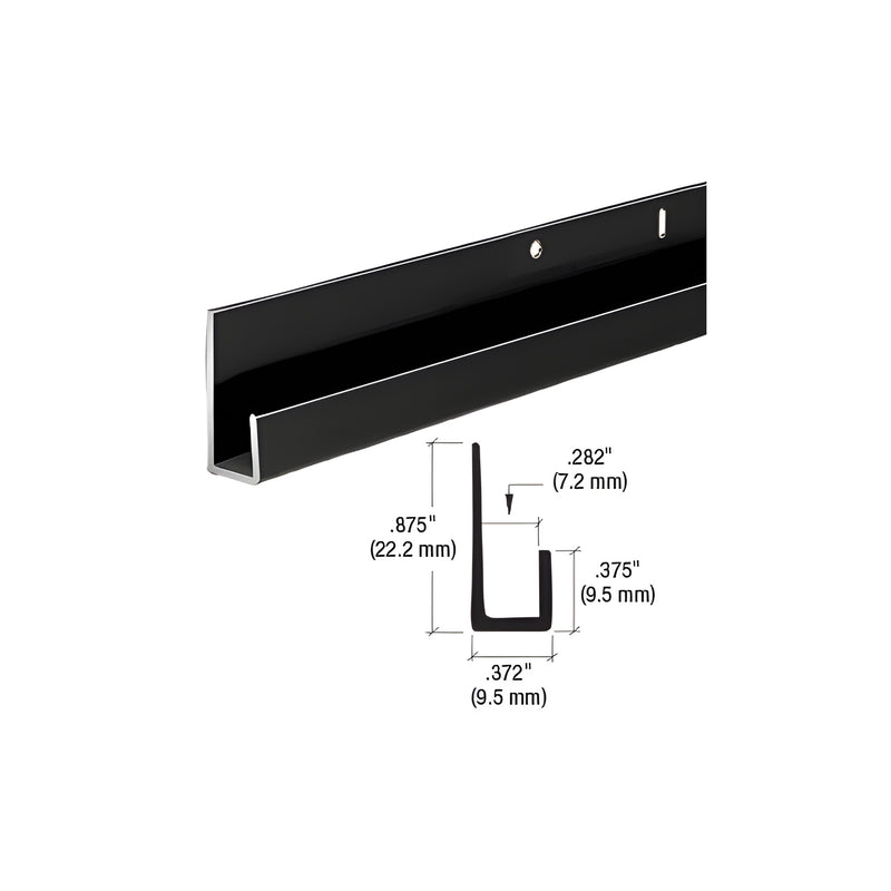 A length of gloss black aluminum J-channel is shown alongside a technical diagram illustrating its 7/8" height and 0.372" width dimensions.
