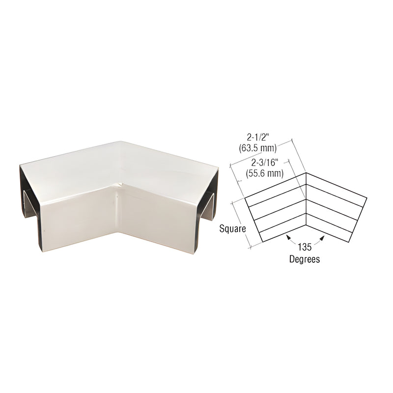 A brushed 316 stainless steel 135-degree horizontal roll formed cap rail corner shown next to a technical dimension diagram.