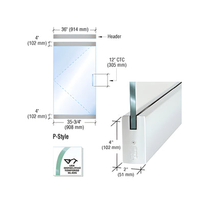 CRL Dry Glazed Frameless Glass 3'-0" P-Style Satin Anodized Single Door Complete Entrance Kit - without Lock