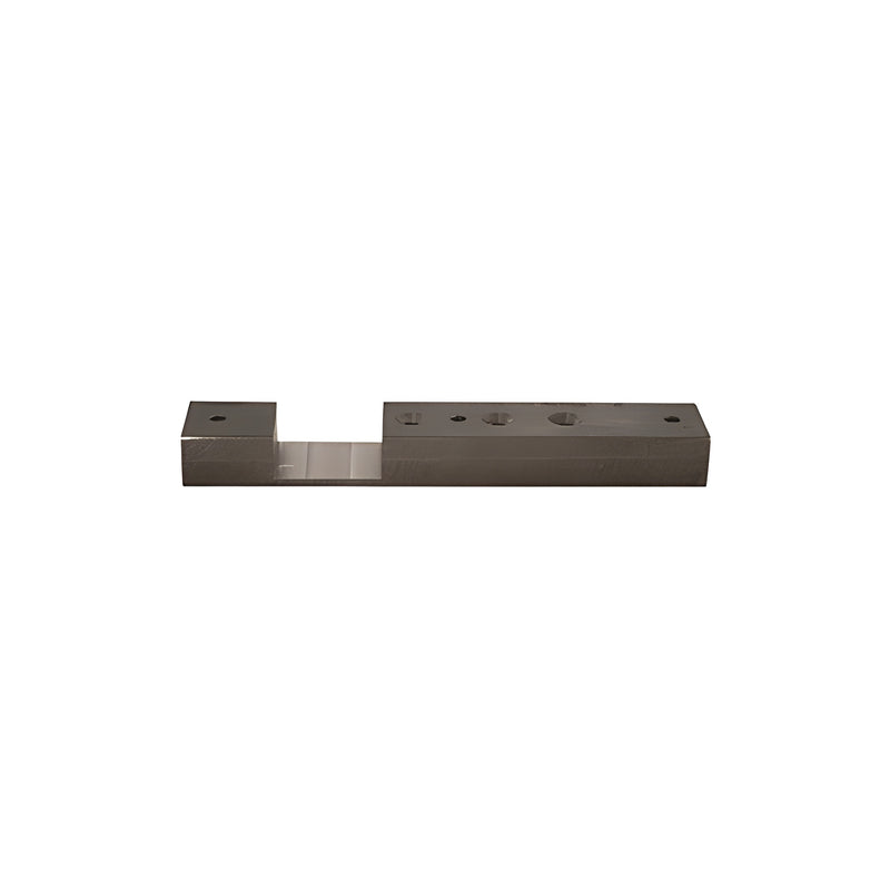 A rectangular aluminum Rixson heavy-duty top rail walking beam adaptor block with pre-drilled mounting holes.