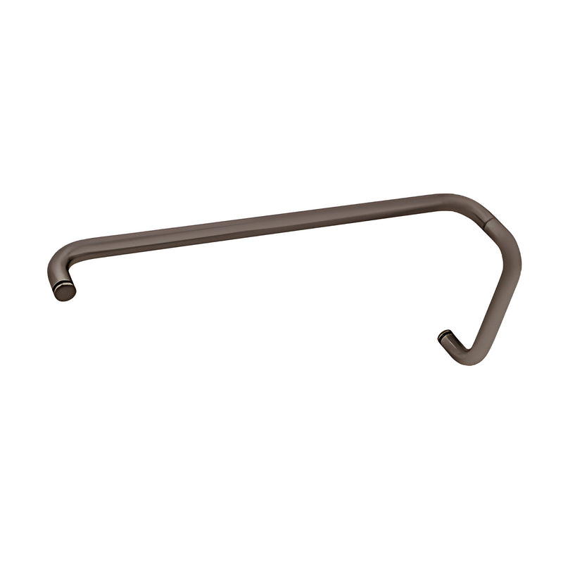 An oil rubbed bronze BM series combination pull handle and towel bar designed for glass mounting.