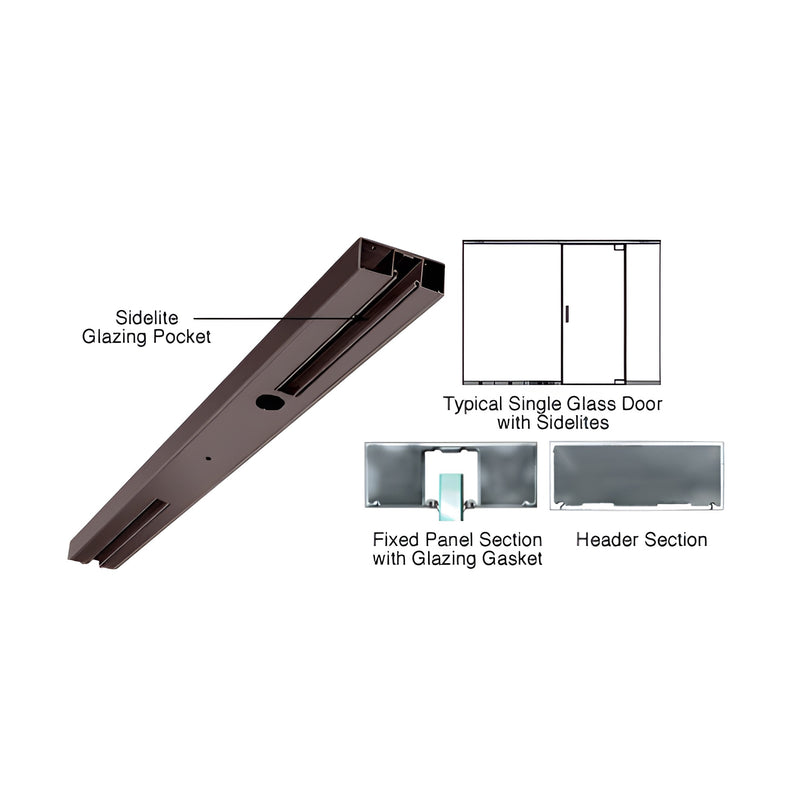 A black bronze anodized door header featuring two glazing pockets for a single door and sidelite configuration.