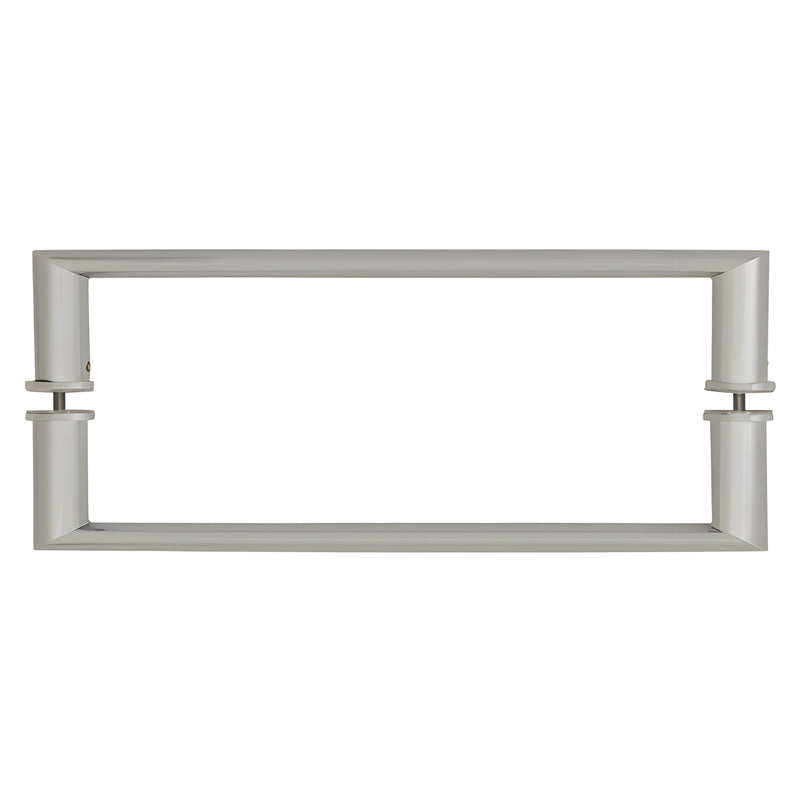 A brushed nickel back-to-back towel bar with a 3/4 inch tubular diameter designed for glass mounting.