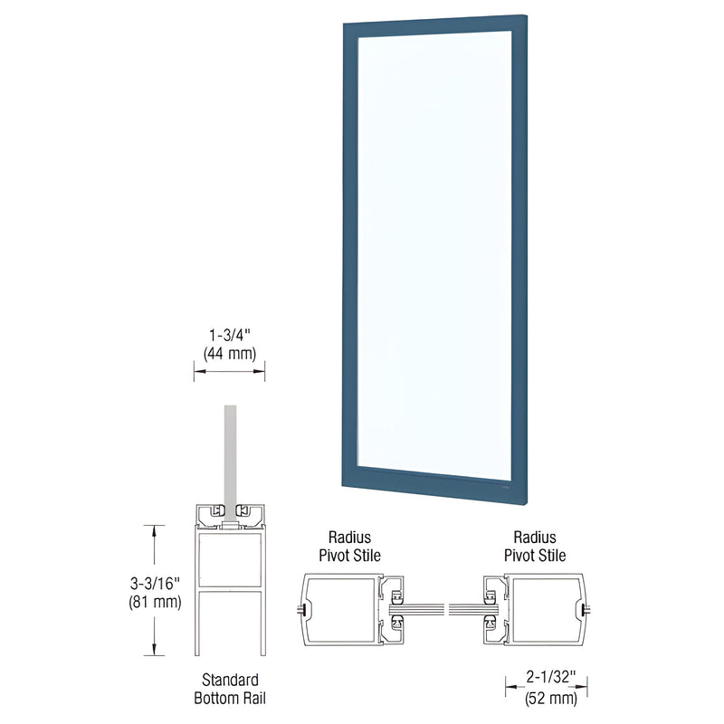 A technical diagram showing a 36" x 84" narrow center stile entrance door with cross-section views of the bottom rail and radius pivot stiles.
