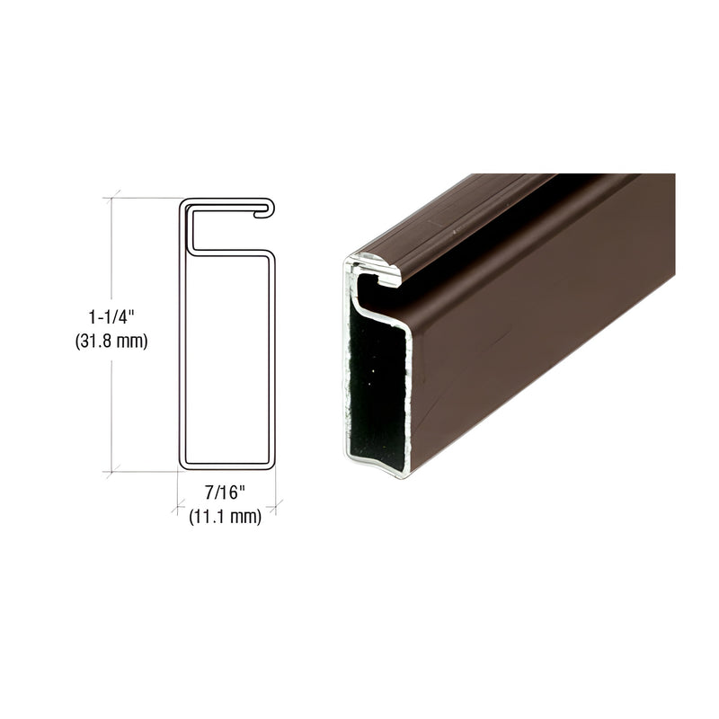 A cross-sectional diagram and a close-up view of the bronze roll-formed aluminum screen frame showing its 1-1/4 inch by 7/16 inch profile.