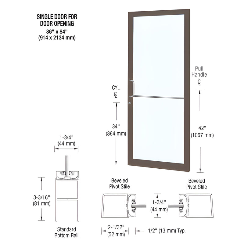A technical diagram showing the dimensions and profile of a black bronze anodized narrow stile entrance door with a geared hinge.