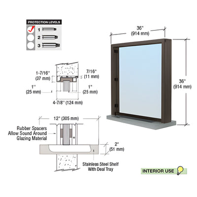 CRL Duranodic Bronze Anodized Bullet Resistant 36" Wide Interior Window with Surround Sound and Shelf with Deal Tray for 4-7/8" Thick Walls