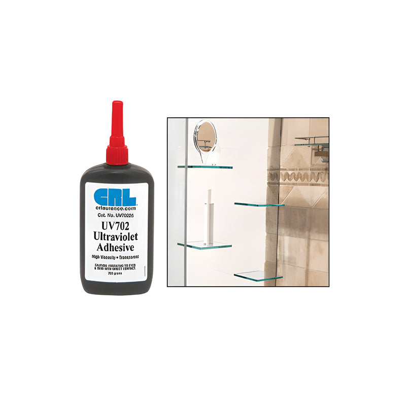 A bottle of CRL UV702 high viscosity adhesive shown next to glass shelves installed on a tiled wall.