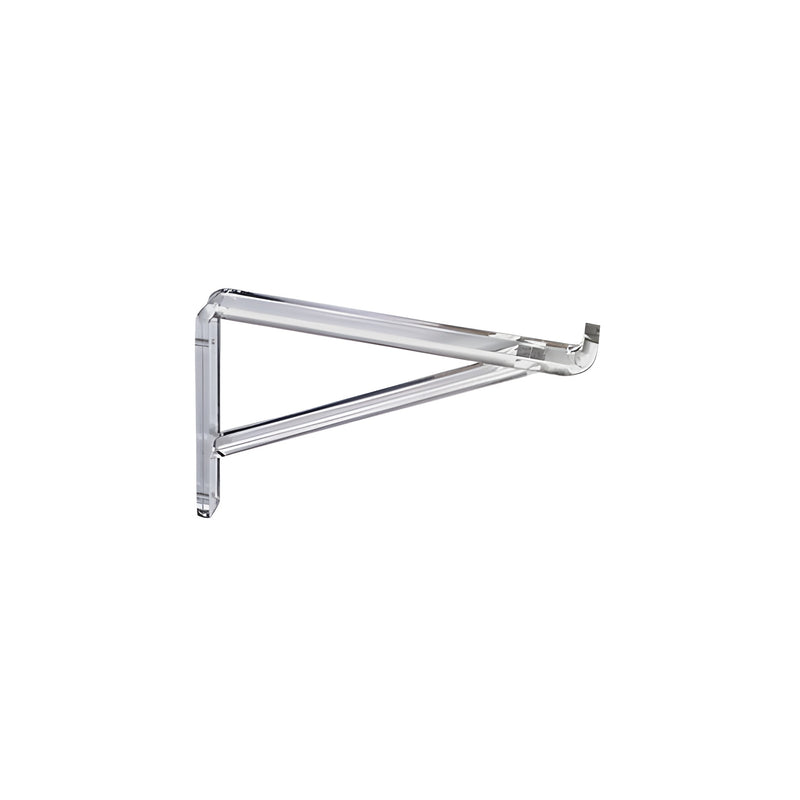 A clear Lucite L-shaped shelf bracket with an 8-inch length and a small upturned end.