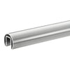 A section of polished stainless steel cap rail with a U-shaped channel for glass panels.