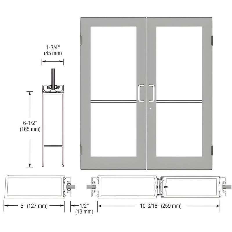 Technical diagram showing the profile dimensions and elevation view of a pair of Series 550 wide stile butt hinge showroom doors.