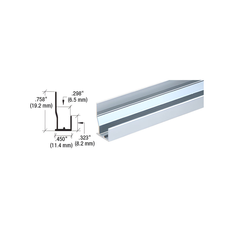 A technical diagram and a perspective view of the satin anodized aluminum FHA Type J-Channel for 1/4 inch glass.