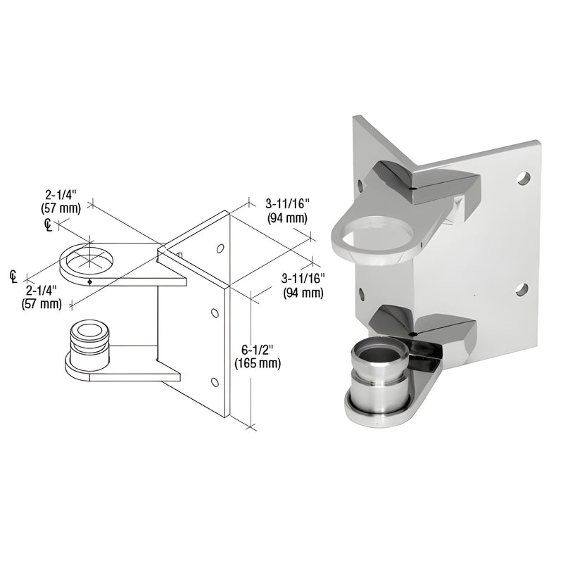 A technical line drawing and a photo of a 90-degree polished stainless steel outside corner fascia mount bracket for 1-1/2 inch railing systems.
