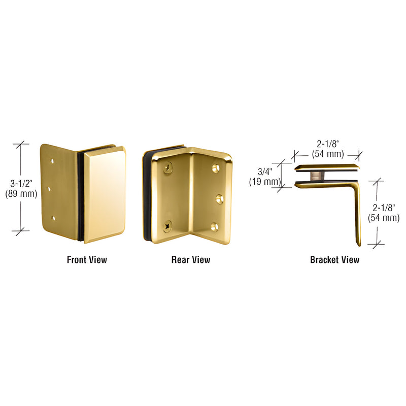 A technical diagram showing the front, rear, and side views of a polished brass wall mount bracket for glass panels.