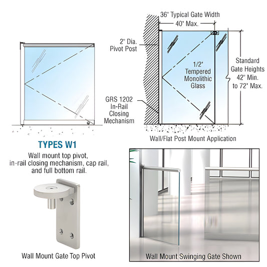 CRL 1202 Brushed Stainless Steel Wall-Mount Gate w/ In-Rail Closer