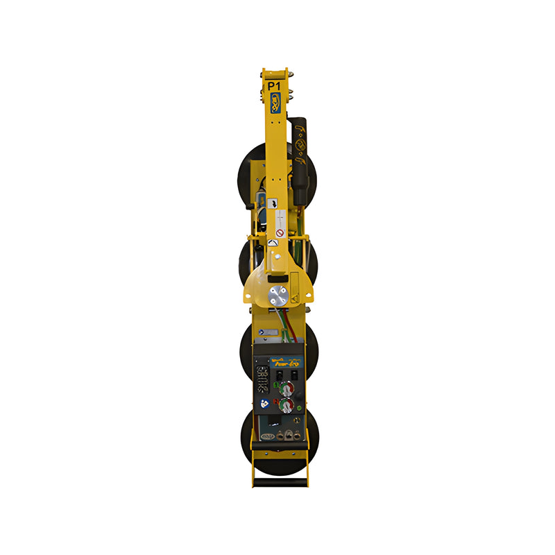 A yellow CRL Wood's Powr-Grip vacuum lifting frame with four suction pads and an integrated control panel for flat material handling.