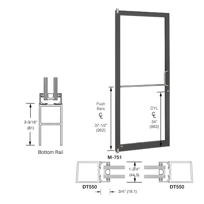 A technical diagram showing a 250 Series narrow stile single door with offset pivots, standard bottom rail, and MS lock in black bronze anodized finish.