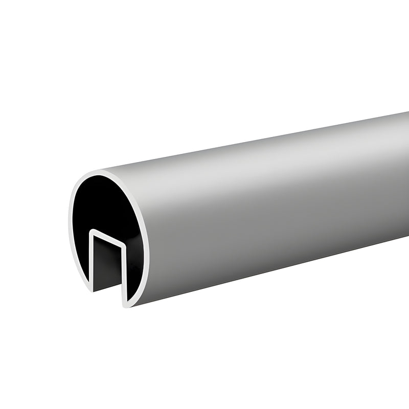 A close-up view of a 3-inch diameter satin anodized aluminum cap rail designed for 3/4-inch glass.