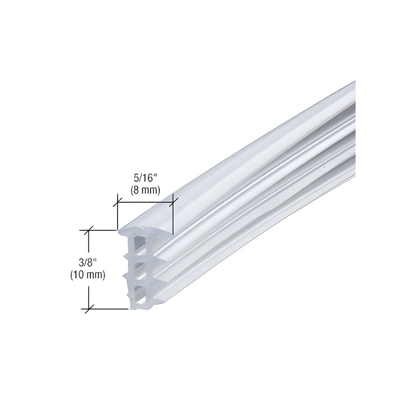 A close-up view of a clear vinyl replacement gasket showing its profile dimensions for 5/16 inch and 3/8 inch fixed panels.