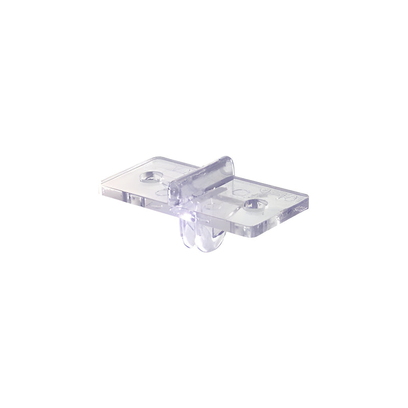A clear acrylic back rest with a central divider and mounting holes for shelf installation.