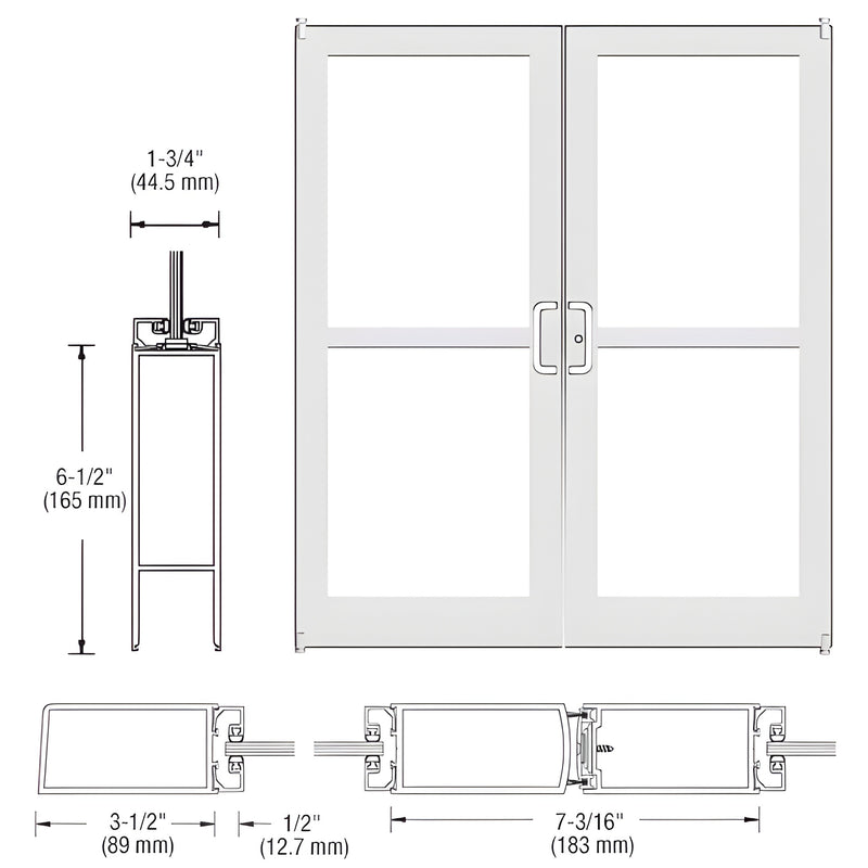 Technical line drawing showing the profile and elevation of CRL-U.S. Aluminum Series 400 medium stile offset pivot entrance doors.