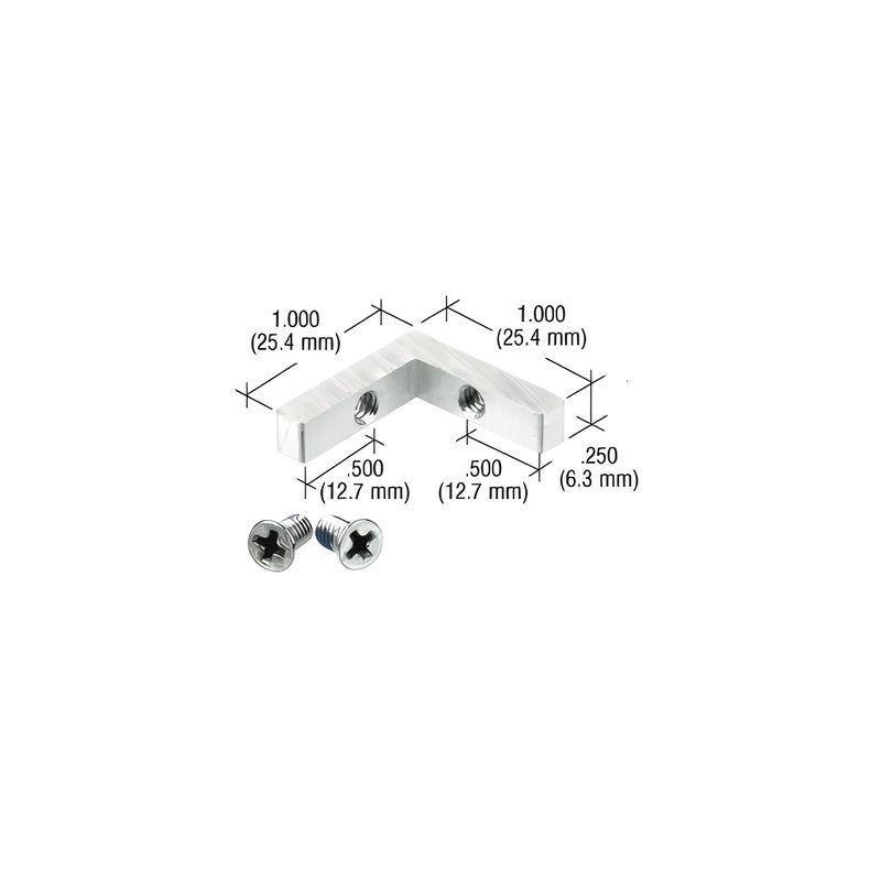 An aluminum L-shaped corner bracket for fixed glass frames shown with two included mounting screws and dimensional technical specifications.