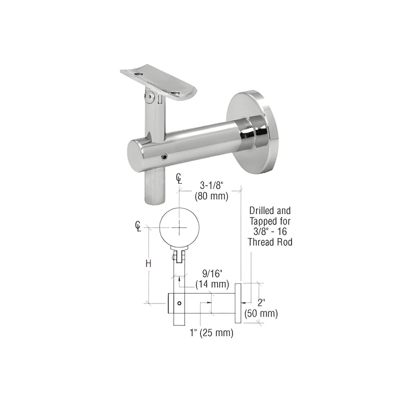 A polished stainless steel Sunset Series wall mounted hand rail bracket shown with a technical diagram indicating a 3-1/8 inch projection.