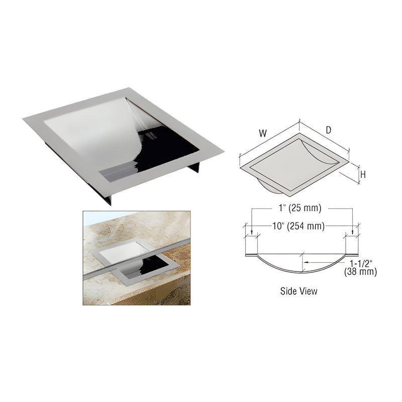 A polished stainless steel drop-in deal tray shown with technical dimension diagrams and an installation example on a countertop.