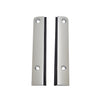 Two polished stainless steel split square end caps with black filler strips are shown side-by-side.