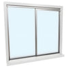 A 48-inch by 48-inch CRL Florence pass-thru window assembly with a satin anodized finish and closed tempered glass panels.