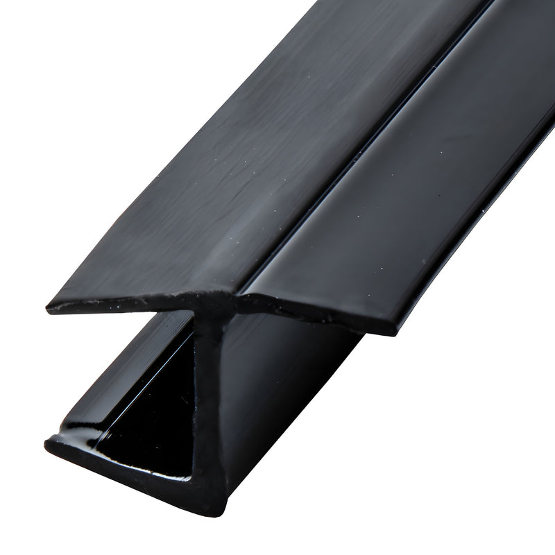 A close-up view of the black polycarbonate 'Y' jamb seal profile designed for glass shower doors.