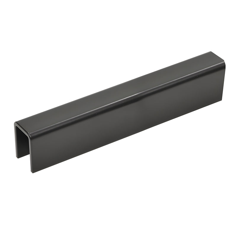 A section of matte black 11 gauge aluminum cap rail shown in a U-channel profile.