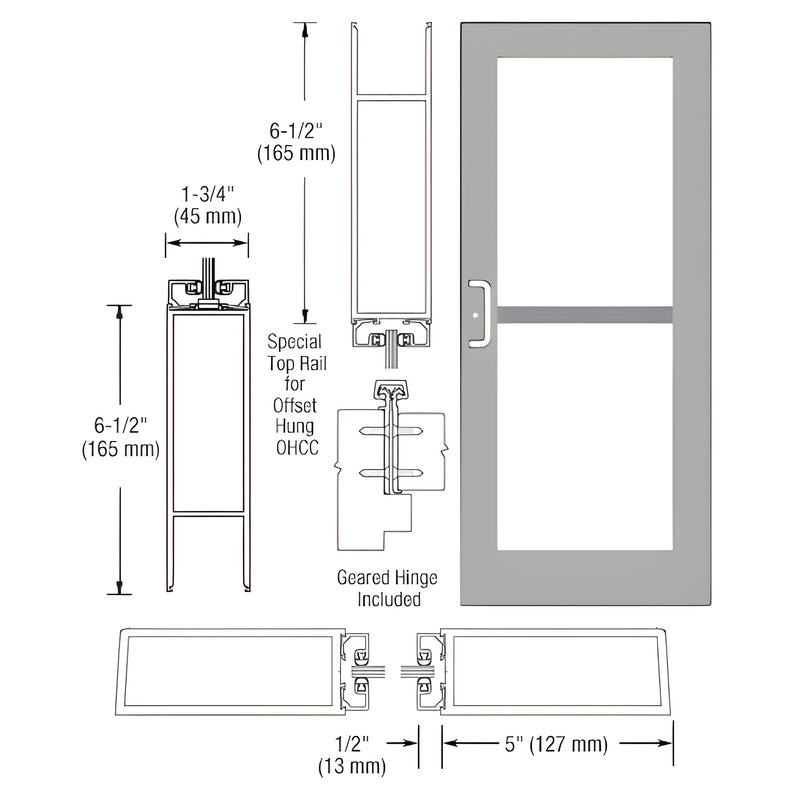 Technical diagram showing the profile dimensions and components of a Series 550 wide stile entrance door with a geared hinge.