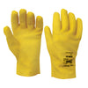 A pair of yellow, smooth-texture PVC Fuzzy Duck gloves shown side-by-side.