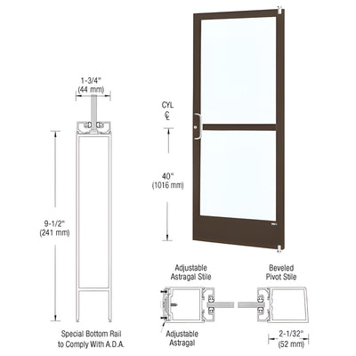 CRL-U.S. Aluminum Bronze Black Anodized 250 Series Narrow Stile Active Leaf of Pair 3'0 x 7'0 Offset Hung with Pivots for Surface Mount Closer Complete Panic Door with Standard Panic and 9-1/2" Bottom Rail