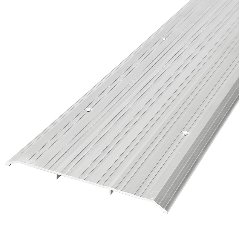 A close-up view of an aluminum saddle threshold featuring a ribbed surface and pre-drilled screw holes.