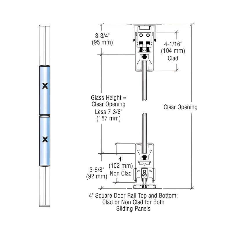 Technical diagram showing the cross-section and dimensions of the CRL bi-parting sliding door rail system.