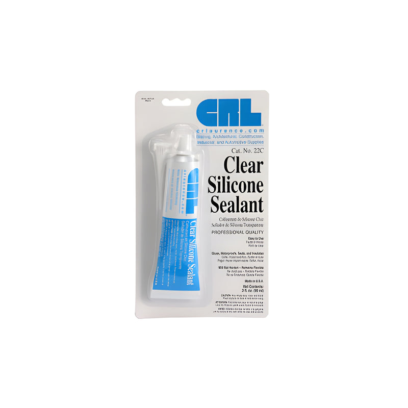 A 3-ounce squeeze tube of CRL clear silicone sealant is displayed in its original retail blister pack packaging.