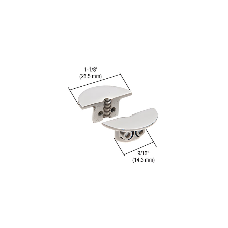 Two pieces of a brushed stainless steel drill-thru shelf support shown with dimensional labels for 1-1/8 inch and 9/16 inch widths.