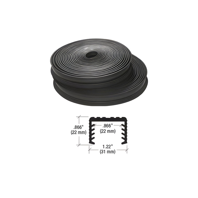 A coil of black flexible rubber cap rail insert shown with a technical cross-section diagram displaying dimensions.
