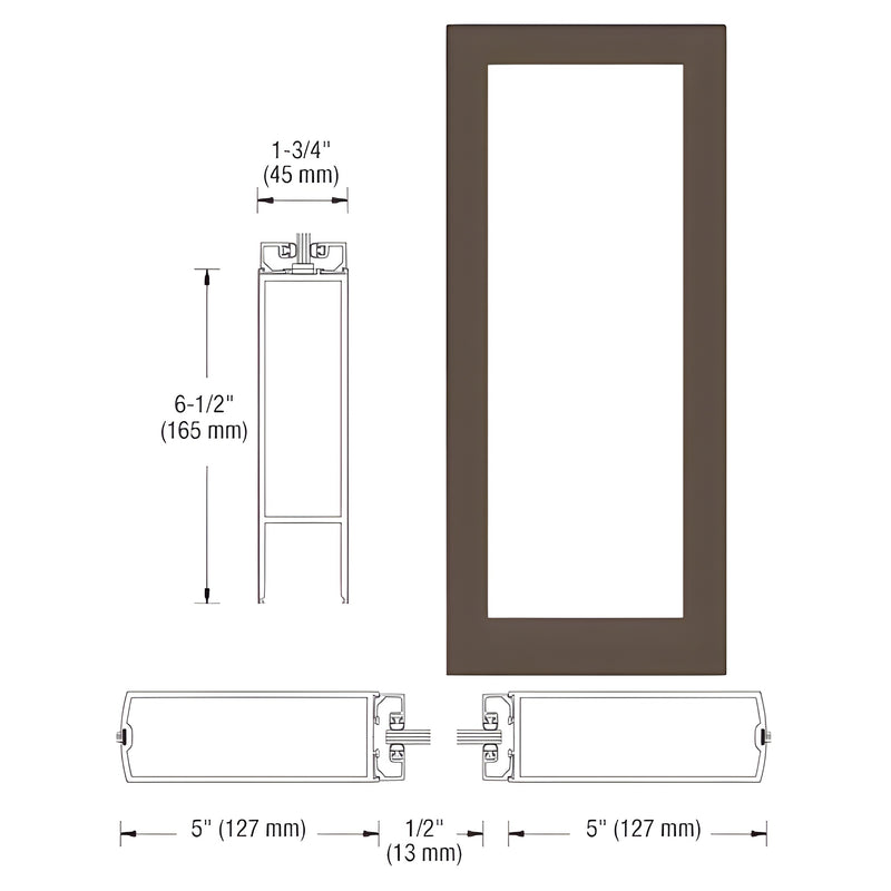 Technical diagram showing the profile and dimensions of a black bronze anodized aluminum center stile entrance door.