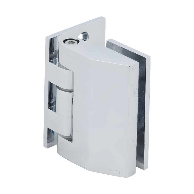 A polished chrome Regal 037 series wall mount offset back plate hinge shown from an angled perspective.